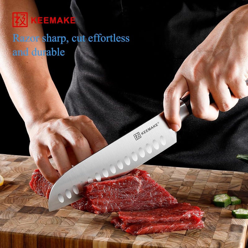 KEEMAKE Chef Santoku Knife - 7 Inch Ultra Sharp Kitchen Knife with Stainless Steel Blade for Cooking Meat Fruit Vegetable with Ergonomic Pakkawood Handle and Gift Box Included - Image 2